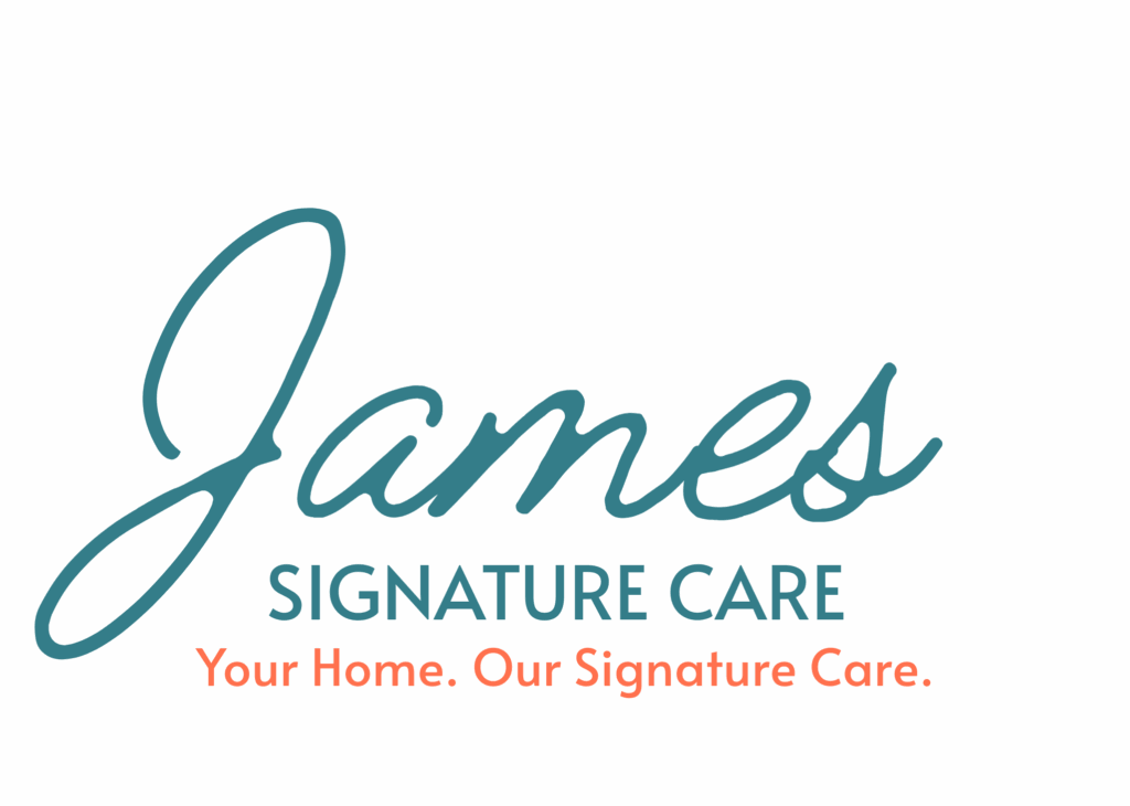 Logo for James Signature Care with the tagline Your Home. Our Signature Care. in blue and orange text on a white background.