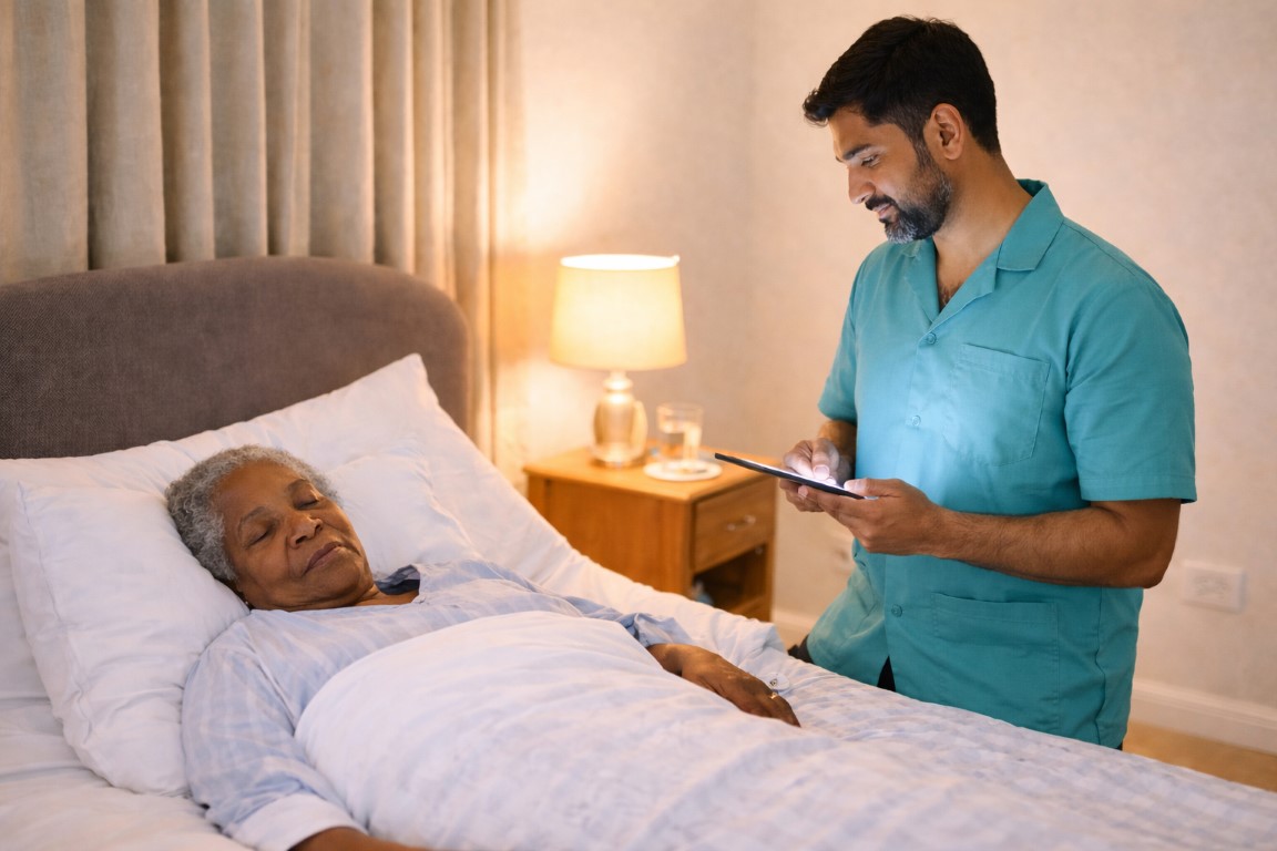 A nurse in teal scrubs stands beside an elderly woman resting in bed, smiling whilst using a tablet. The room is softly lit with a lamp on a bedside table beside the bed. Checking the safety of the man overnight.