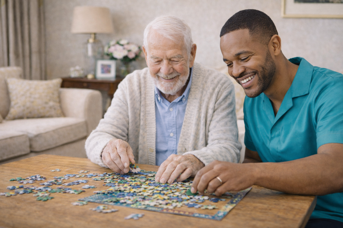 An elderly man and a younger man sit at a wooden table, smiling as they work together on a jigsaw puzzle in a cosy, well-lit living room. Showing companionship