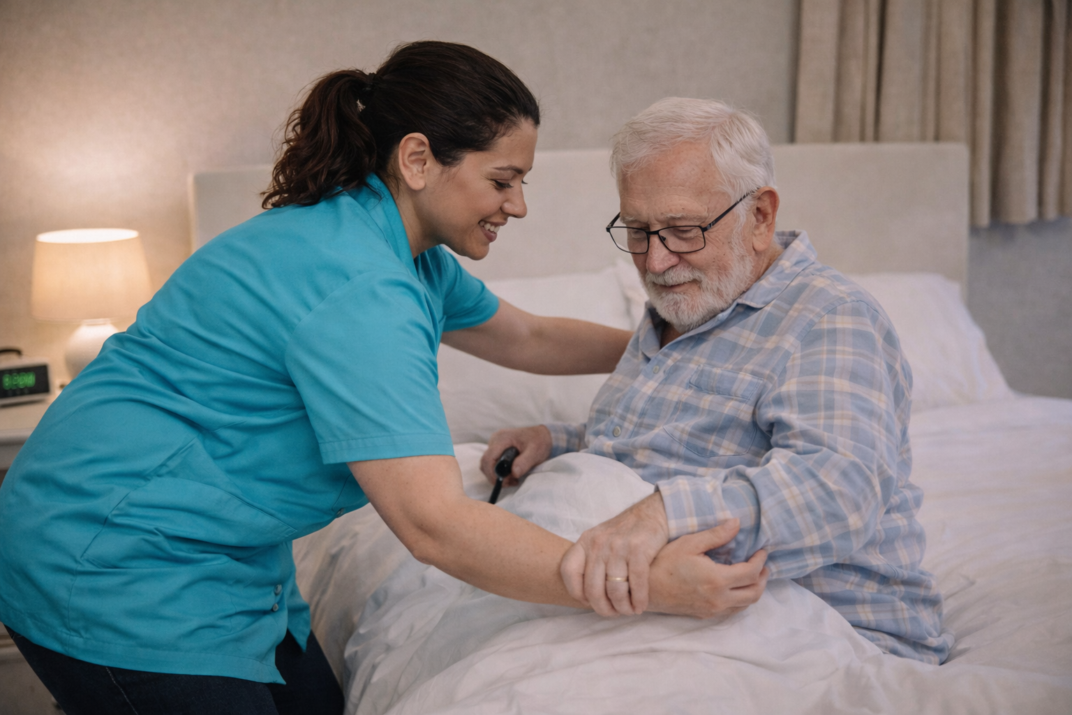 A female carer in blue scrubs helps an elderly man with grey hair and a beard sit up in bed. The man wears glasses and checked pyjamas, and they both look content in a warmly lit bedroom. Offering living support.