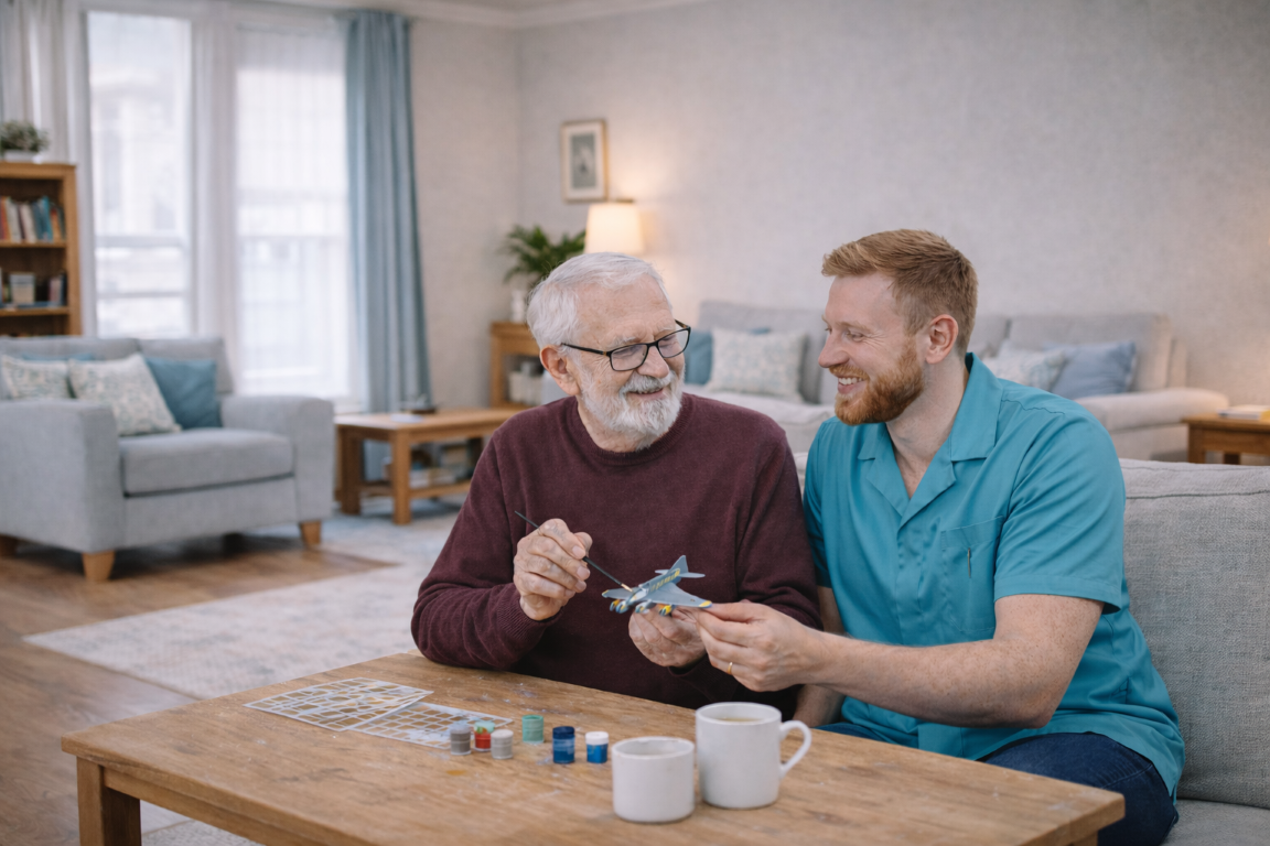 An elderly man with dementia and a younger man sit together at a coffee table in a cosy living room, smiling as they paint a model aeroplane. Paints, cups, and model parts are spread out on the table.