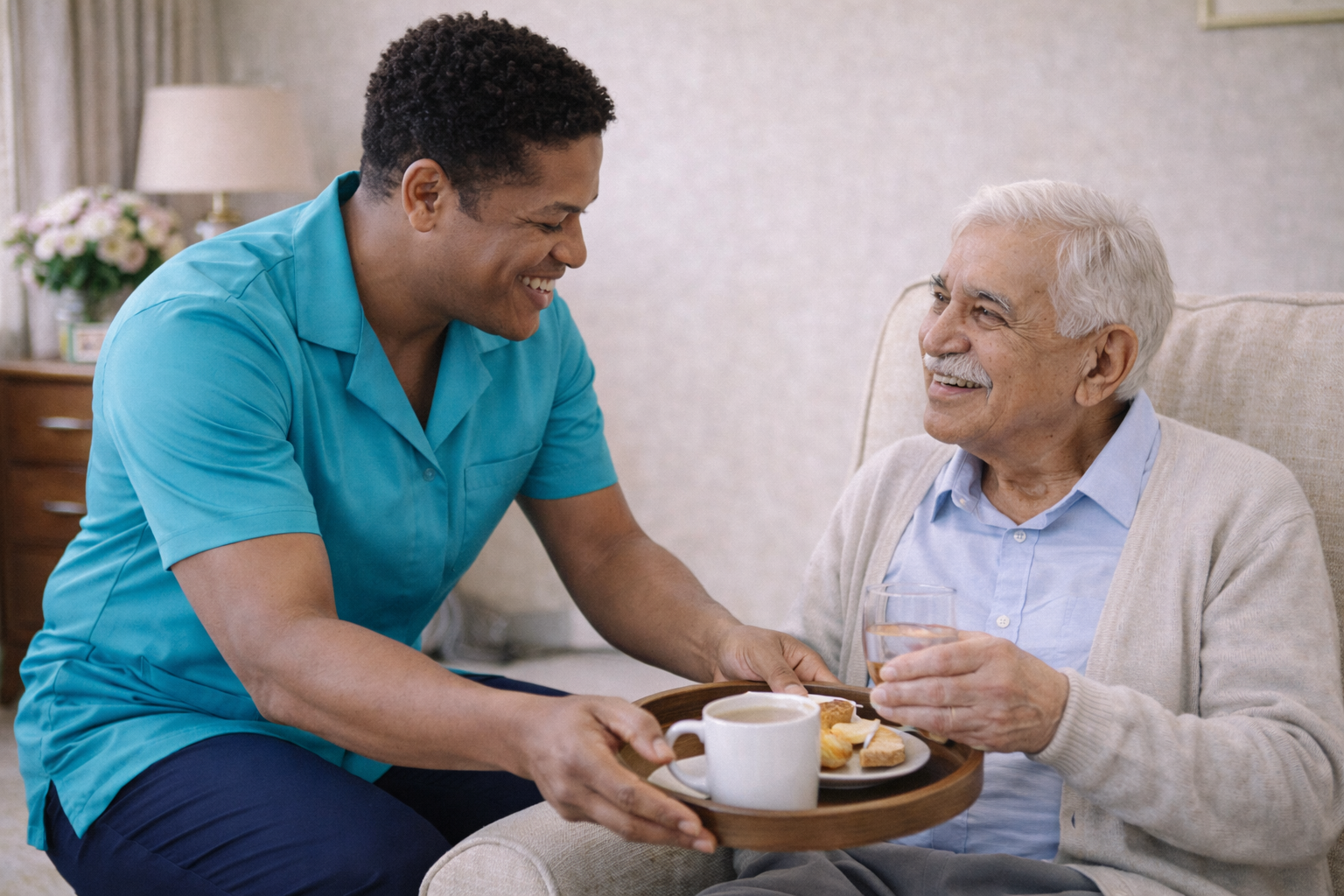 A carer in a turquoise shirt smiles whilst handing a tray with a meal and drink to an older man with grey hair, who is sitting in a chair and smiling back at him. Offering comfort support.
