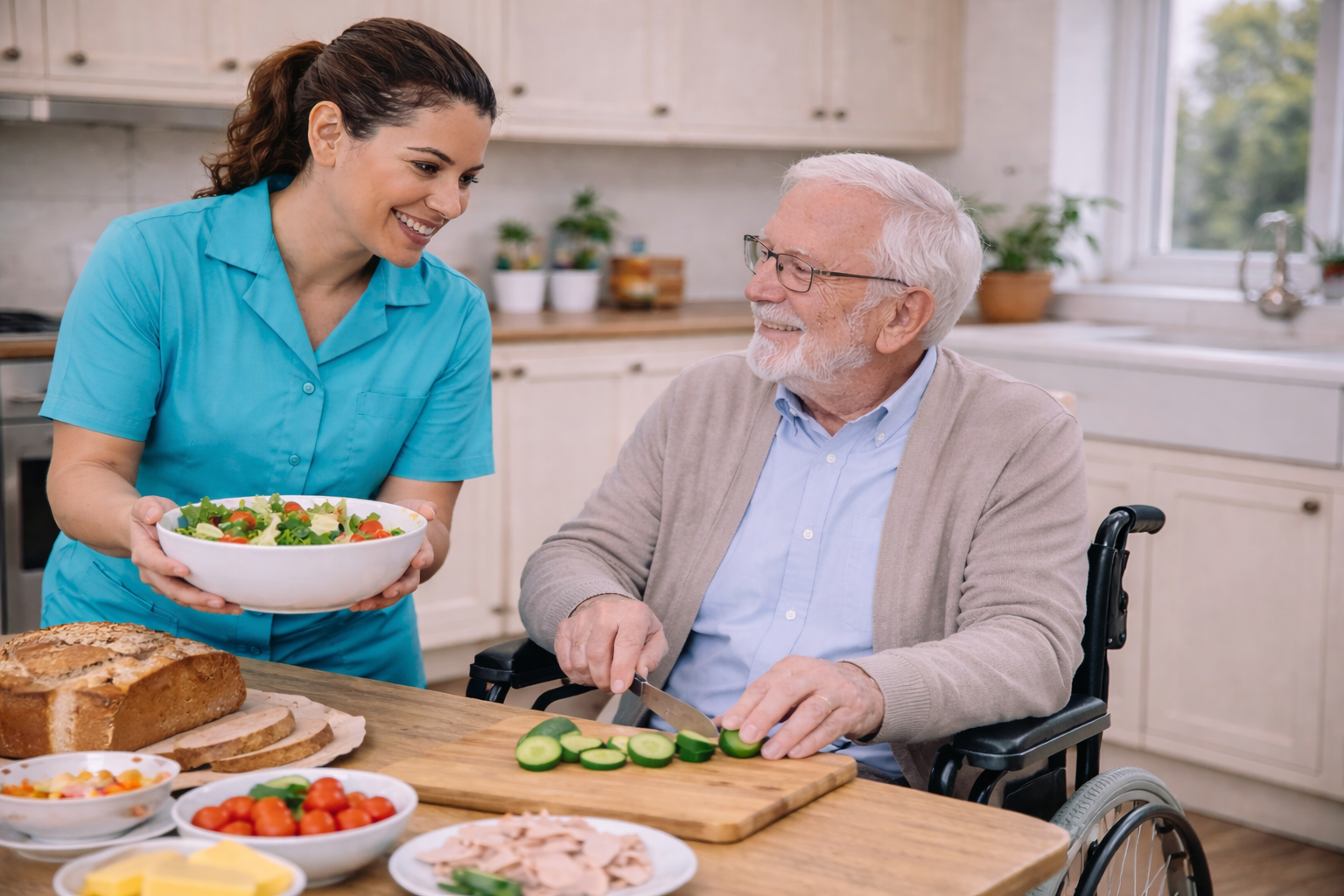 A caregiver assisting an elderly man in a wheelchair at home, helping prepare a healthy meal together in a bright kitchen. Offering him support.
