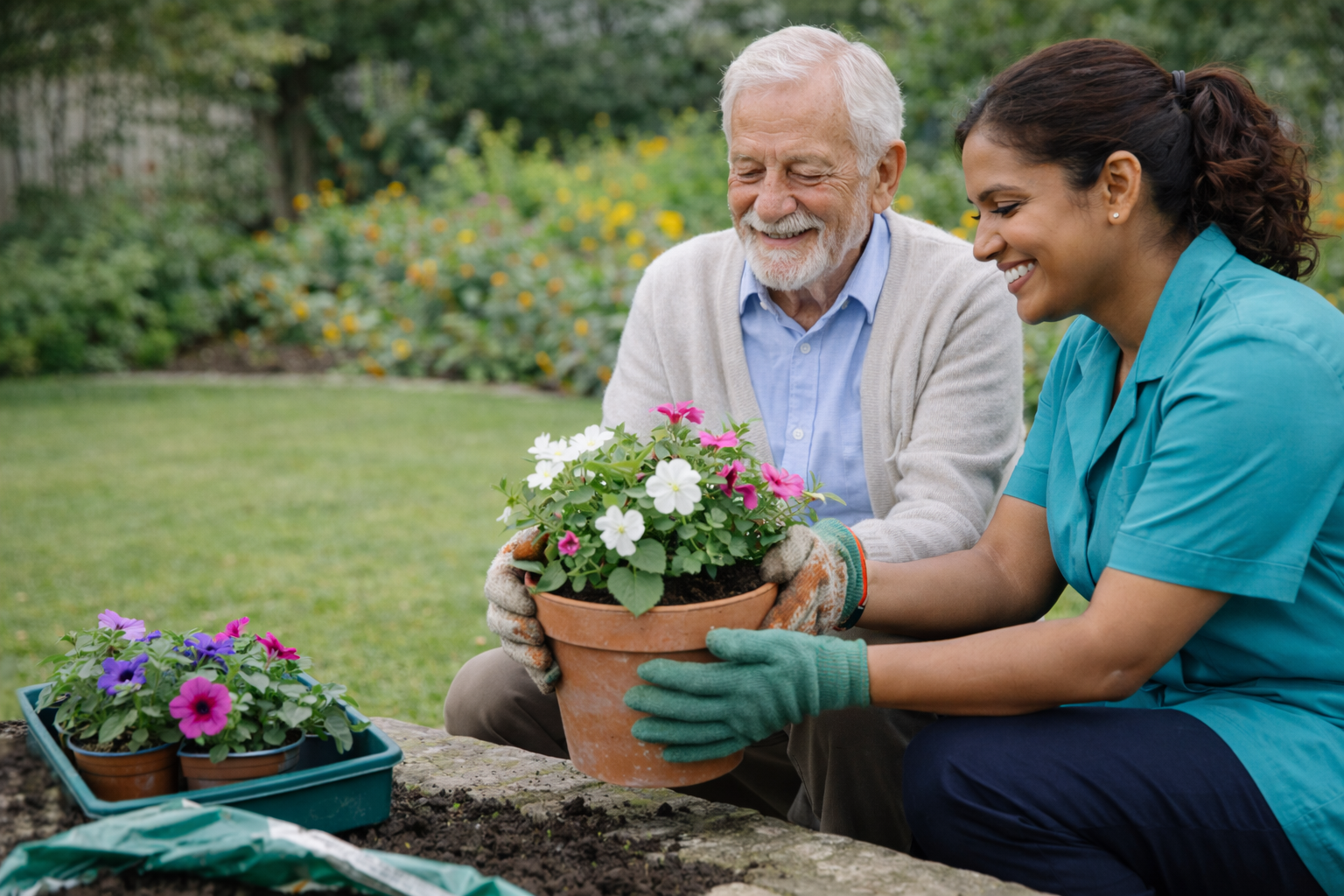 A caregiver and an elderly man smiling together while planting flowers in a garden, holding a pot of blooming plants and enjoying a shared outdoor activity. Helping him with light gardening.