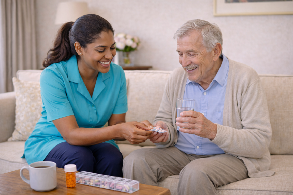 A caregiver providing medication support to an elderly man at home, handing him tablets while he holds a glass of water and smiles.