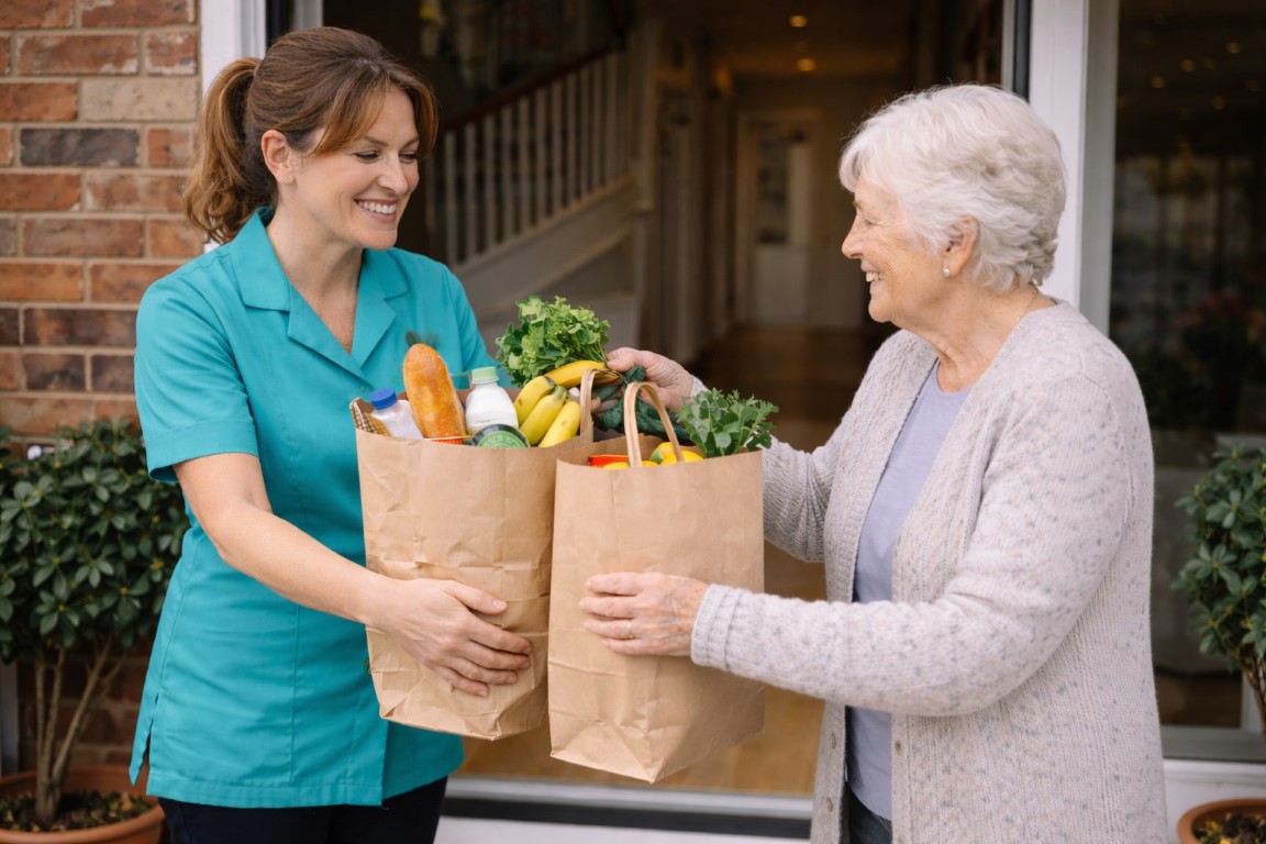 A younger woman in a teal uniform hands two paper bags filled with groceries to an older woman with grey hair, who is smiling while receiving them at the door of a house. Assisting her with shopping.
