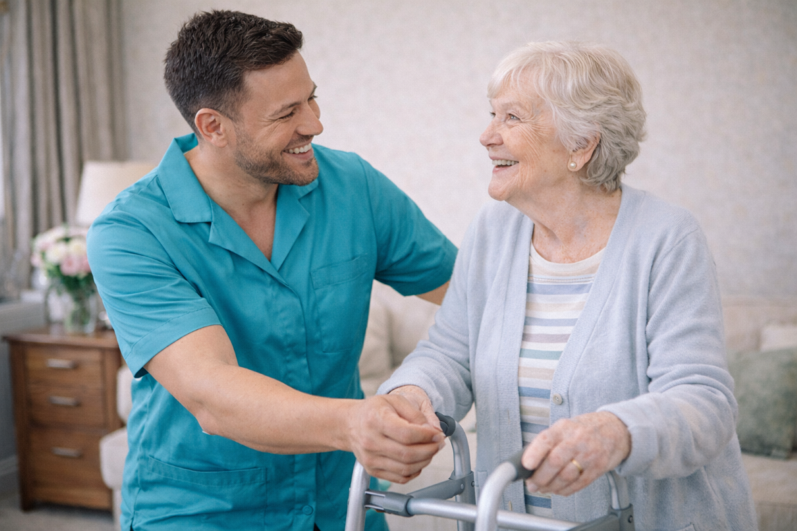 A smiling healthcare worker in blue scrubs assists an elderly woman using a Zimmer frame. They are indoors in a bright, comfortable room, both looking at each other and smiling warmly. Checking their wellbeing.